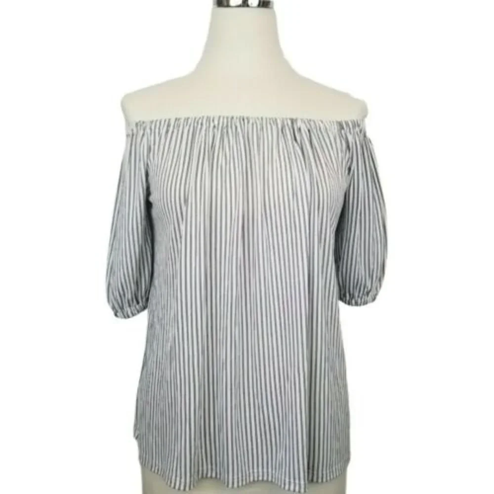 LOFT Blouse Medium Navy Blue Pinstripe Off the Shoulder Puff Sleeve Striped Top